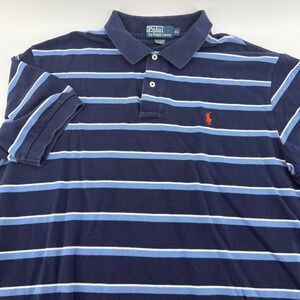 Polo Ralph Lauren Mens XL Polo Shirt Navy Blue Striped Orange Pony Cotton Pique